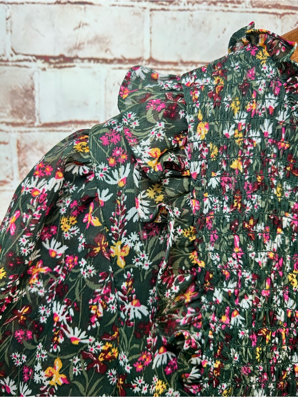 Draper James Green Floral Smocked Long Sleeve Boho Peasant Prairie Midi Dress - Picture 6 of 10